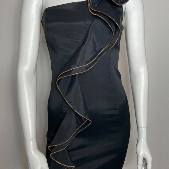 CACHE One Shoulder Zipper Detail‎ Ruffle Black Satin Mini Dress - Picture 2 of 10